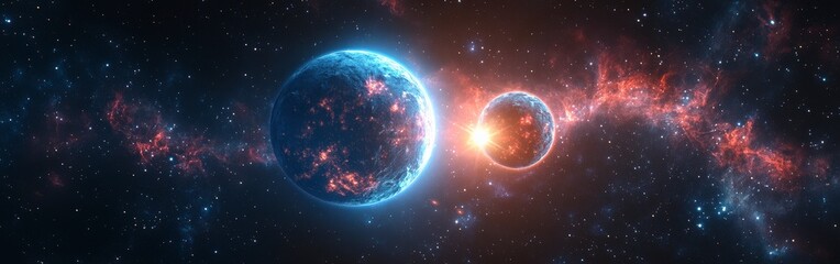 Obraz premium Blue and Pink Planet with Two Suns in Deep Space