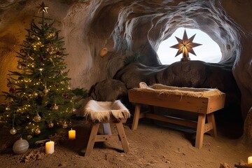 Fototapeta premium Heartfelt Christmas Scene: Old Wooden Manger and Star of Bethlehem in a Sacred Cave