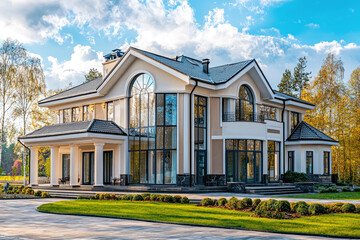 Fototapeta premium A luxury mansion with stunning architectural design, featuring large windows and elegant details, surrounded by lush greenery and beautifully landscaped yard