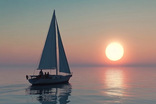 Serene sunset sailing: tranquil scene of sailboat on calm waters at dusk