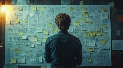 Man Looking At Whiteboard Covered In Sticky Notes