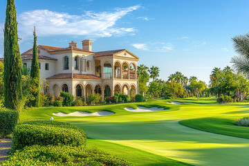 Fototapeta premium A luxury mansion exterior with stunning golf course view, surrounded by lush greenery and palm trees, creates serene and elegant atmosphere