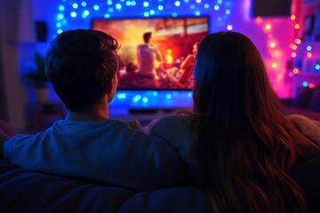 Cozy couple enjoying movie night with colorful led lighting at home