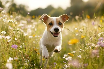 Joyful puppy running through a flower-filled meadow at sunset