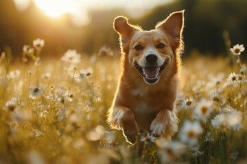 Joyful dog running through a field of daisies at sunset