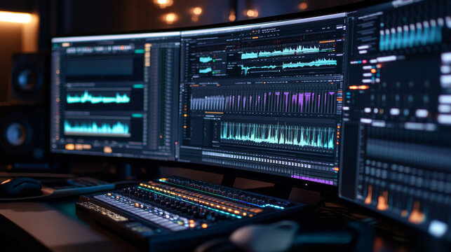 Editing audio content on a digital audio workstation with multiple tracks visible on screen