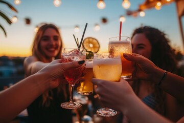 Sunset celebration with friends toasting cocktails on a rooftop terrace