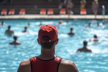 Lifeguard on duty: ensuring safety at a busy outdoor swimming pool