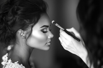 Fototapeta premium Elegant woman in black and white receiving professional makeup