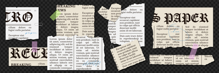 Naklejka premium Set of Torn newspaper sheets of paper with clippings text in grunge style. Vector pieces of ripped scrap paper in cage and lines. Vintage vector elements collection for collage.