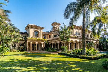 Obraz premium Luxurious mansion exterior featuring elegant architecture, lush gardens, and palm trees, creating serene and opulent atmosphere. perfect blend of nature and luxury