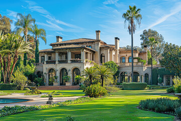 Obraz premium Luxurious mansion exterior featuring private zoo, surrounded by lush greenery and palm trees. elegant architecture and vibrant landscaping create serene atmosphere