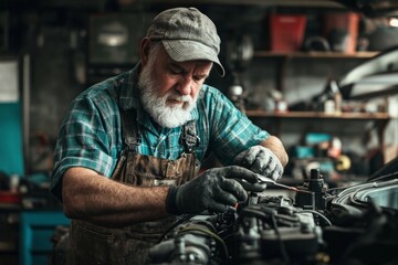 Elderly mechanic skillfully repairing car engine in workshop environment