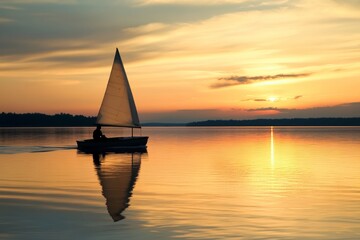 Fototapeta premium Tranquil silhouette of sailboat on serene lake during golden sunset