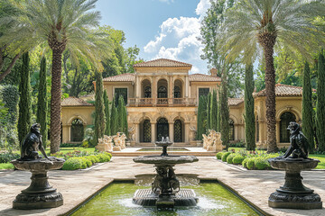 Obraz premium A luxury mansion exterior featuring private zoo and exotic landscaping, surrounded by palm trees and elegant sculptures. serene atmosphere invites admiration and tranquility