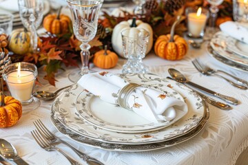 Elegant thanksgiving table setting with autumn decor