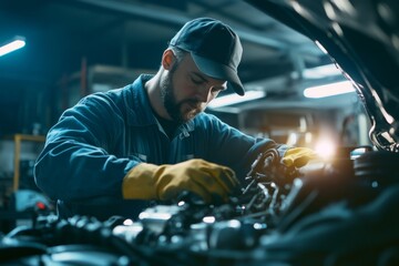 Mechanic in blue coveralls fixing car engine in auto repair shop