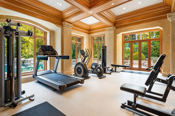 Fototapeta premium A luxury home gym featuring state of art equipment, including treadmill, elliptical, and weight bench, surrounded by large windows that offer view of outdoor pool area