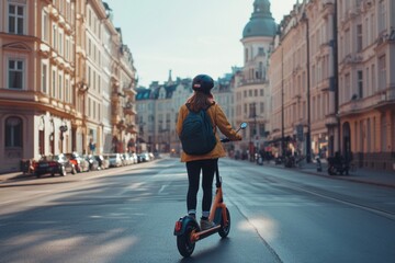 Naklejka premium Young woman riding e-scooter down urban street in stylish autumn attire