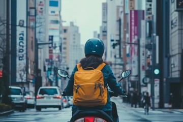 Urban exploration: woman on scooter with yellow backpack in bustling cityscape