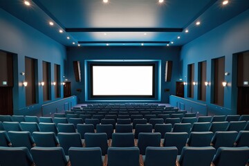 Fototapeta premium Unoccupied Cinema in Oceanic Blue with an Empty White Screen and No Spectators