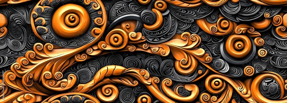 Poster intricate design featuring swirling patterns and golden spirals on a dark textured background, ideal