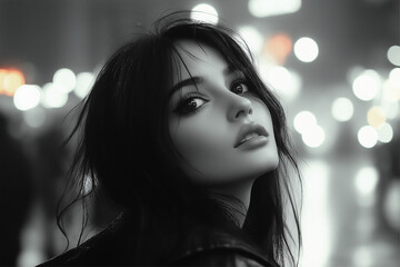 A black and white portrait of a woman set against a blurred cityscape background, capturing a moment of thoughtful contemplation in a bustling urban environment.