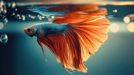 An elegant Betta fish in a minimalist glass tank, with a focus on its vibrant, flowing fins and reflections in the crystal-clear water