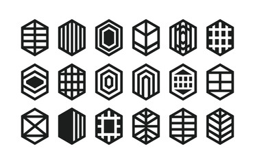 Black assorted isolated thick outline pointy hexagon shapes emblems icons set design elements on white background