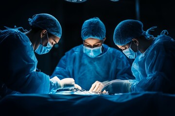 Surgeons performing critical operation in a dimly lit operating room
