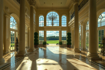 Fototapeta premium A luxurious mansion interior featuring grand foyer with tall columns and large windows, allowing natural light to illuminate space. view showcases beautiful landscape outside, creating an elegant atmo