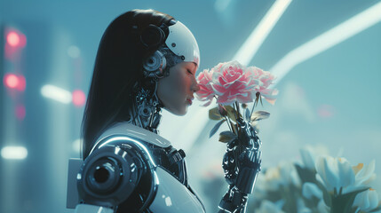 Futuristic Cyborg Woman with Flowers in Hand