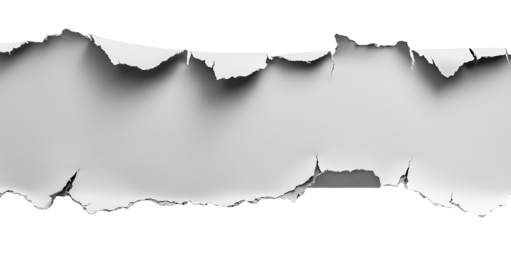 Roughly torn gray paper with jagged edges isolated on transparent background