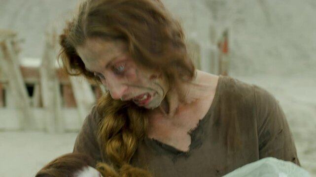 Odd, creepy zombie woman holding scary baby doll