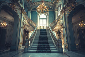 Obraz premium A luxury mansion interior featuring grand staircase, adorned with elegant chandeliers and intricate architectural details. ambiance exudes opulence and sophistication, inviting admiration