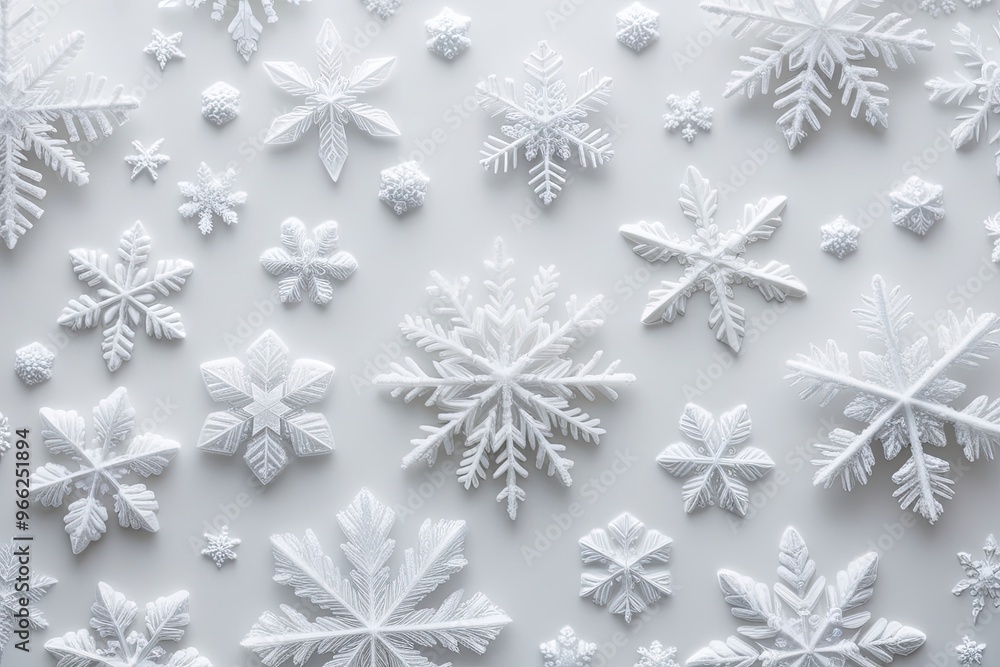 Poster array of unique snowflakes on a white background - closeup of delightfully intricate frost crystals