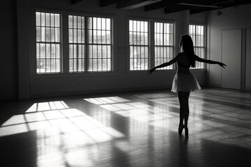 Ballet dancer gracefully practicing in sunlit studio with large windows