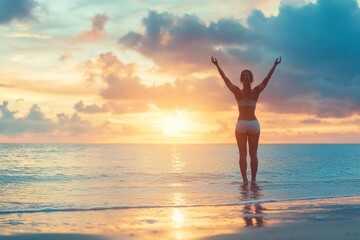 Tranquil sunrise yoga on a serene beach with golden sky and gentle waves