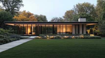 Fototapeta premium An exterior view of a contemporary minimalist house with a flat roof, large glass panels, and a simple, clean facade, surrounded by well-maintained landscaping.