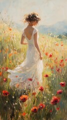 An impressionist scene of a woman in a white dress walking through a field of poppies, warm sunlight dancing across the landscape