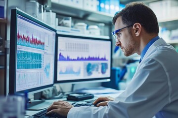 Scientist analyzing data on dual monitors in a modern laboratory environment