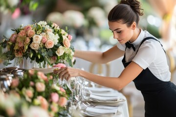 Elegant event setup with florals and professional waitstaff arranging tableware