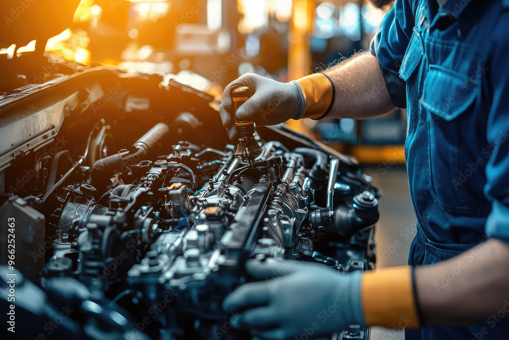 Poster a mechanic assembling an engine in workshop, showcasing precision and skill in well lit environment.