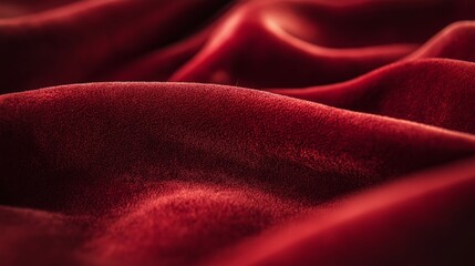 Close-up of soft red velvet fabric with luxurious folds and rich texture