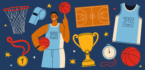 Collection of basketball equipment and clothes. Young man with basketball balls. Uniform, basket, ball, whistle, field and awards isolated on dark background.