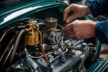 A mechanic adjusting carburetor on classic car, showcasing skilled hands working meticulously on engine. intricate details of engine components highlight craftsmanship involved in automotive repair