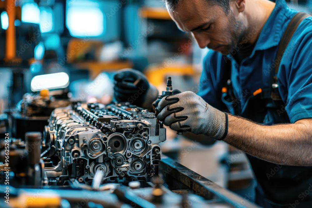 Poster a mechanic is focused on disassembling an engine on workbench, showcasing precision and skill in wel