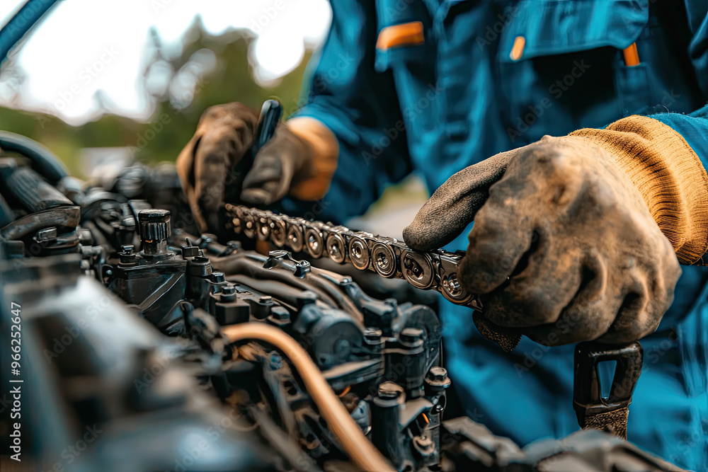 Poster a mechanic examining an engines timing chain for wear, showcasing precision and expertise. focus on 