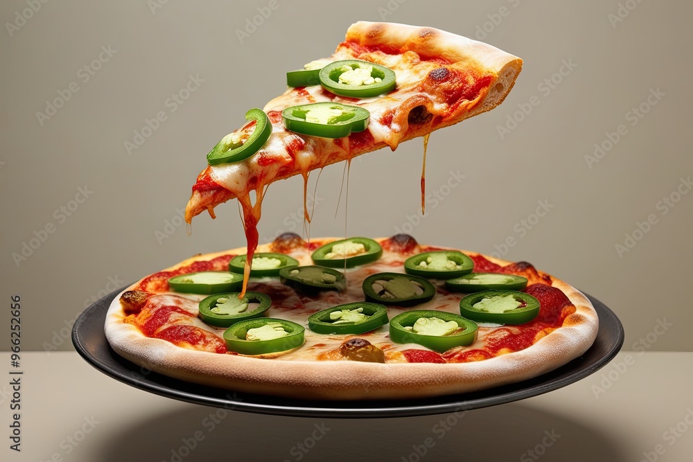 Wall mural levitation of spicy jalape�o pizza slice on neutral background