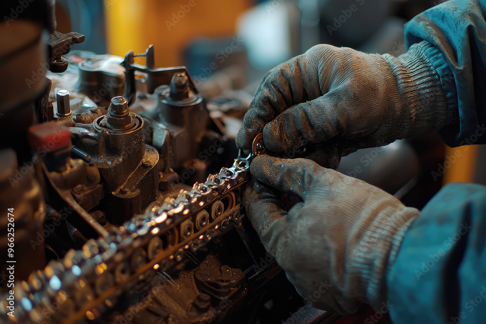 Poster a mechanic examining an engines timing chain for wear, showcasing attention to detail and expertise 